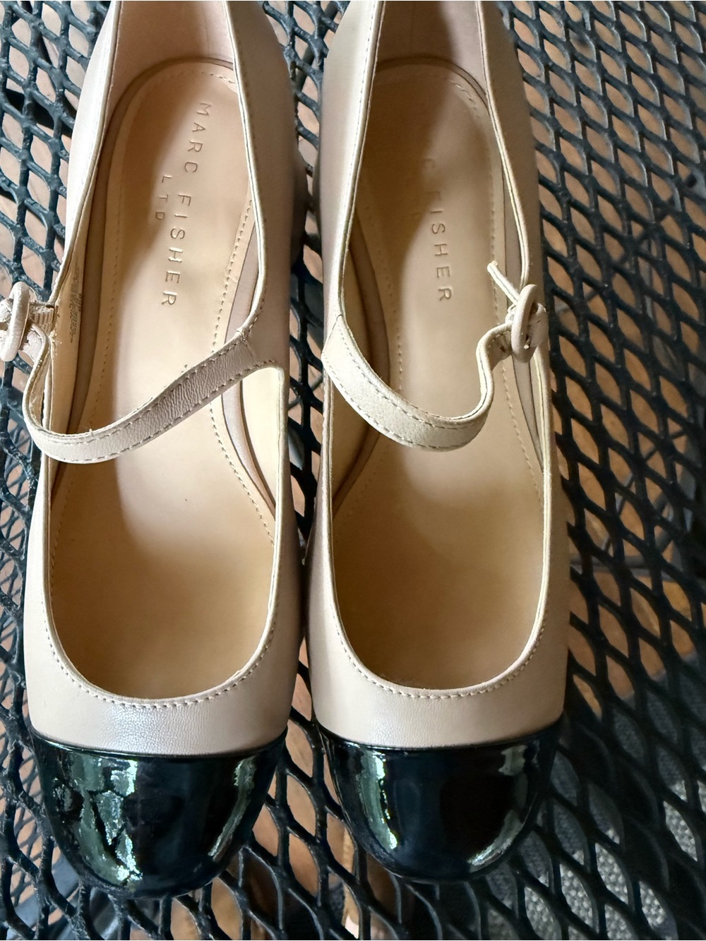 Marc Fisher Beige and Black Mary Jane Flats